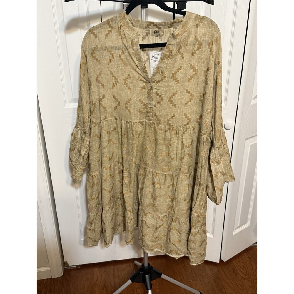 Rhea Brown Beige Block Print Tunic Blouse Geometric Handmade 100% Cotton L/XL